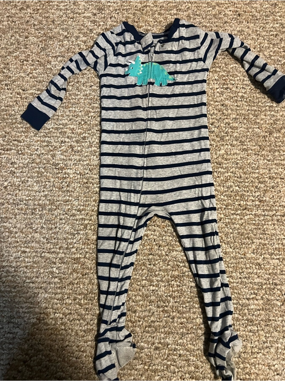 Carter's Navy & Gray Striped Dino Footed One-Piece Pajama